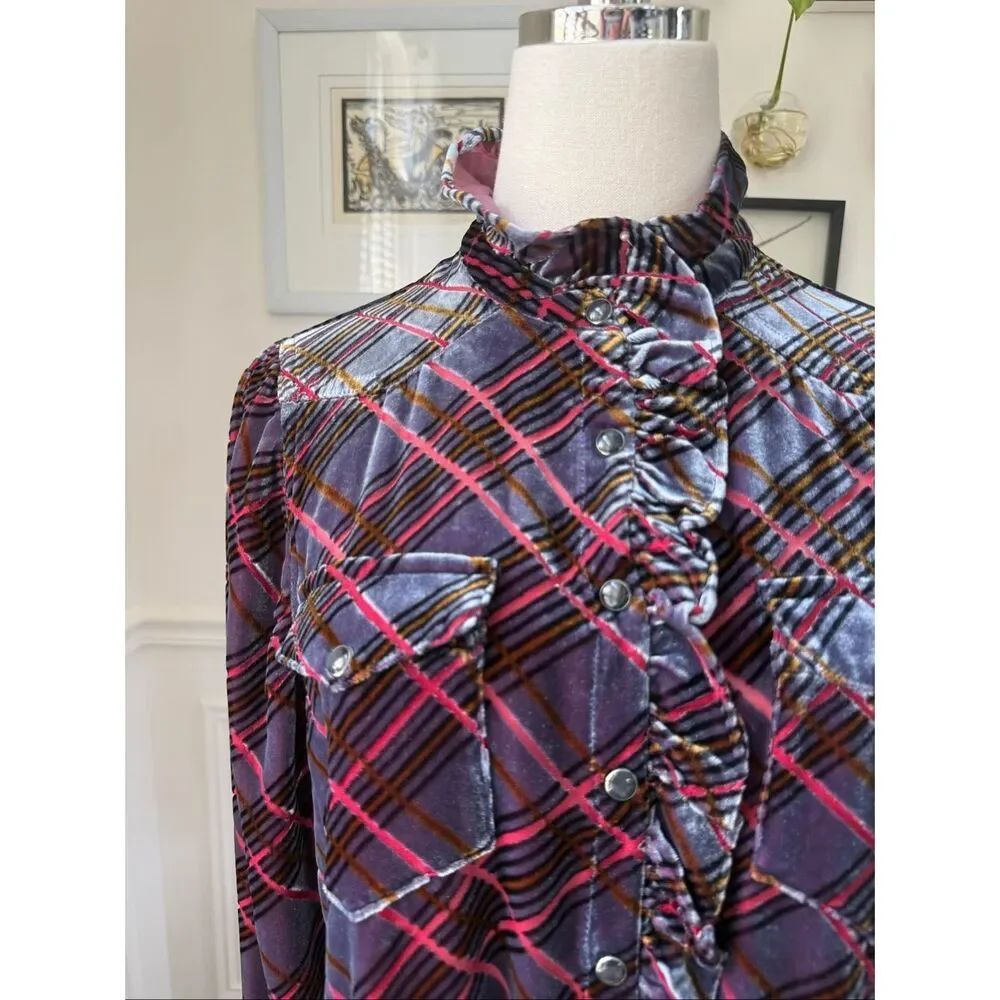 Sundance Catalog Burned Velvet Plaid Ruffle Snap Front Shirt Blue Black Red Coun